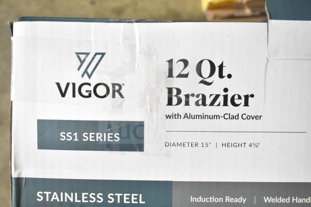Vigor SS1 Series 12 Qt. Stainless Steel Brazier with aluminum-clad cover, new, in original packaging, 15" diameter, 4⅝" height.