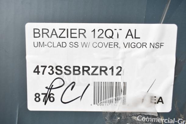 Sticker label on a Vigor SS1 Series 12 Qt. stainless steel brazier box, showing model 473SSBRZR12 and NSF approval.