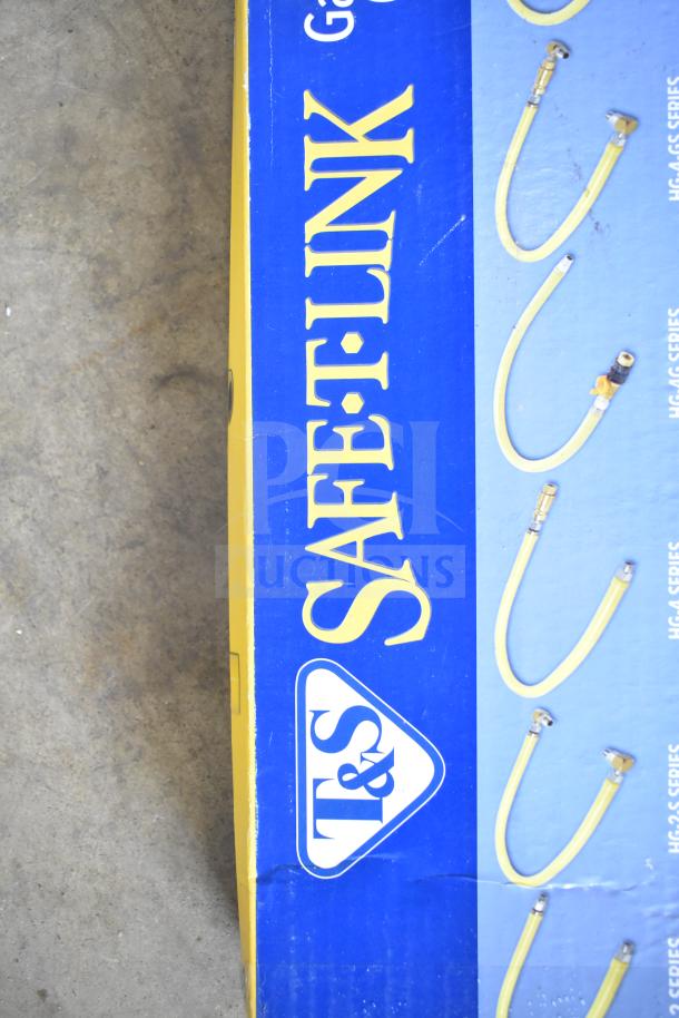 Brand new T&S HG-4D-48K 48" yellow gas connector hose with Quick Disconnect and FreeSpin fitting, in packaging.