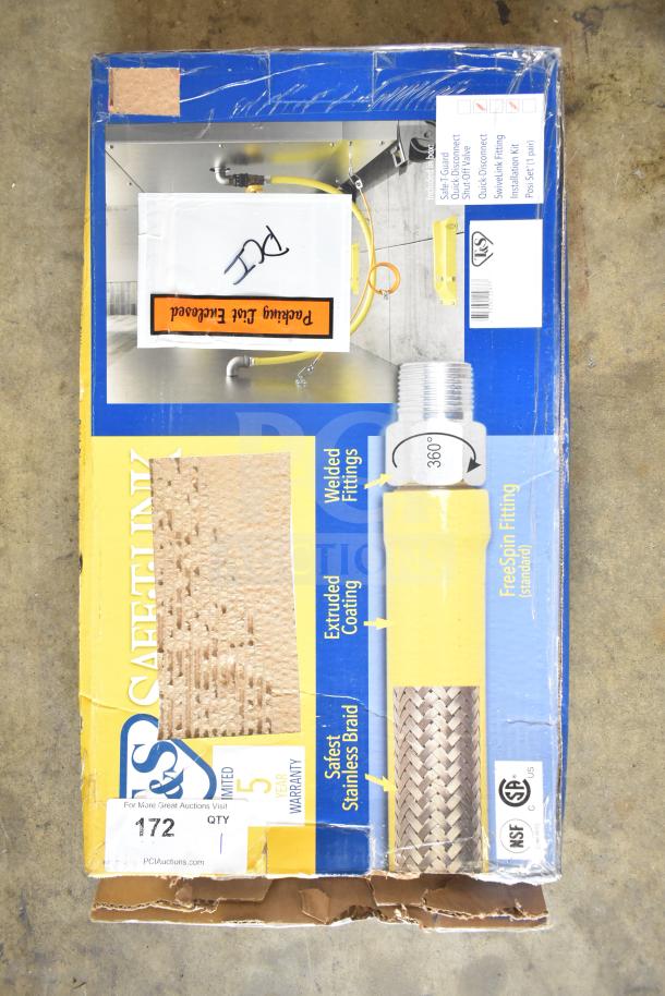 BRAND NEW T&S HG-4D-48K gas appliance connector hose, 48" yellow coated steel, with FreeSpin fitting and installation kit.