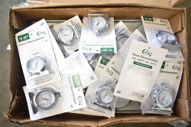 Box with 17 Choice 2" Dial Oven Thermometers, model 9142DOT, and a 12-Cup Baker's Lane Muffin Pan, brand new condition.