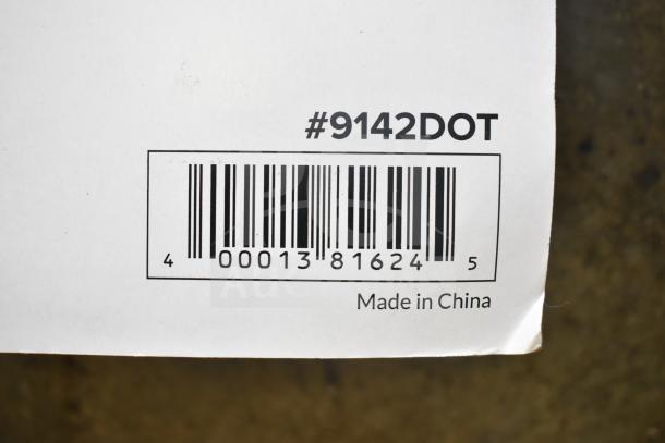 Box displaying barcode and "#9142DOT" marking, labeled "Made in China," indicating packaged oven thermometer and muffin pan.