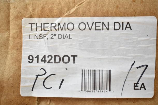 Box label for 17 9142DOT Choice 2" Dial Oven Thermometers, indicating new condition with slight cosmetic damage.