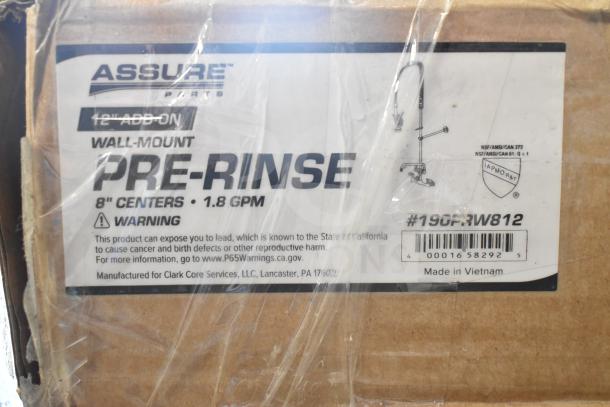 Assure Parts pre-rinse faucet model 190PRW812, wall-mounted with 8" centers, 12" add-on. Brand new, scratch and dent condition.