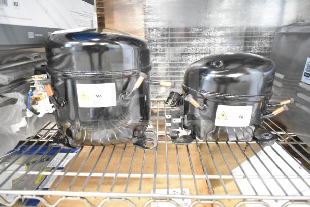 Two new Avantco compressors, 17816586 and 17817638, for CPSS and CPW Series, 115V, R290, on metal shelf.