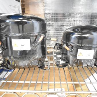Two new Avantco compressors, 17816586 and 17817638, for CPSS and CPW Series, 115V, R290, on metal shelf.