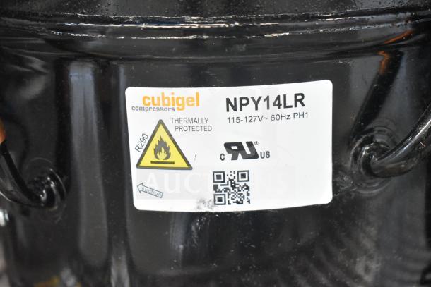Brand new Cubigel compressor NPY14LR, R290, for Avantco CPSS/CPW series, 115V. Thermally protected label visible.