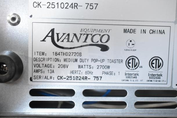 Brand new 2025 Avantco 184THD27208 toaster label, 4-slice, 208V, 1.5" slots, medium-duty, 2700W, made in China.