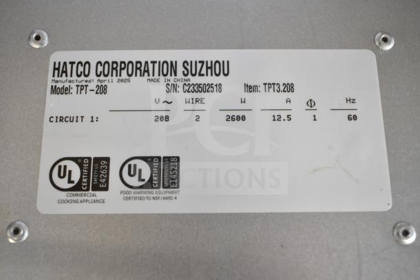 Hatco TPT-208 4 Slice Commercial Toaster label, showing 208V, 2600W, 12.5A. Certified UL for commercial use. Model: TPT-208.