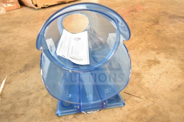 BRAND NEW San Jamar SI9000 Saf-T-Ice Ice Scoop Holder with 64-86 oz. scoop, visible minor dents, blue plastic, instructions shown.