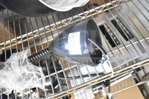 2 new ServIt HLR85BK heat lamp, modern black round dome, retractable, 120V, scratch and dent, in original packaging.