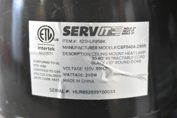": 423HLR85BK Heat Lamp label showing model details, 120V, 250W, made in China. Intertek, UL certified."