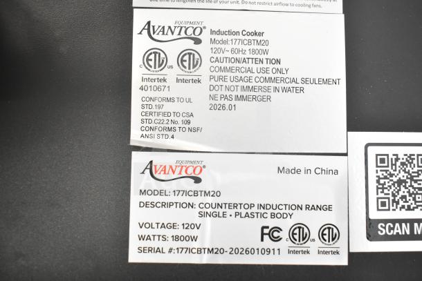 "Avantco 177ICBTM20 Countertop Induction Range, 120V, 1800W, new scratch and dent, commercial use label, model and certification details visible."