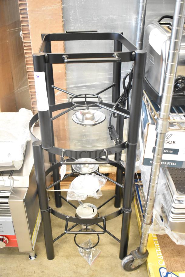Three brand new Acopa wrought iron chafer stands, including 6 Qt. round and 4 Qt. half size, displayed in storage.