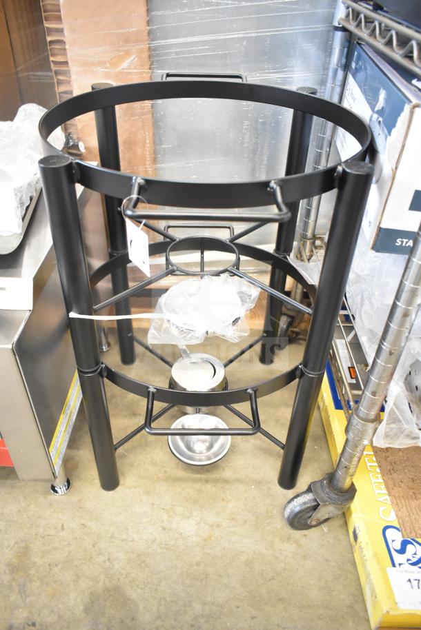 3 new scratch and dent Acopa wrought iron chafer stands: 6 Qt. 407PLSTNDRND and 4 Qt. half 407PLSTNDHLF, sturdy design.