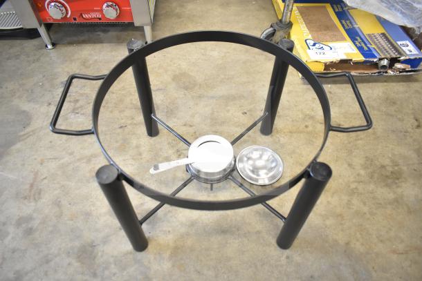 3 brand new Acopa wrought iron pillar chafer stands; features include scratch and dent condition, 6 Qt and 4 Qt sizes.