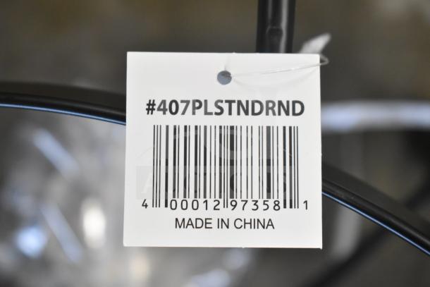 Acopa 6 Qt. Wrought Iron Pillar Round Chafer Stand tag showing model #407PLSTNDRND and "Made in China" label.