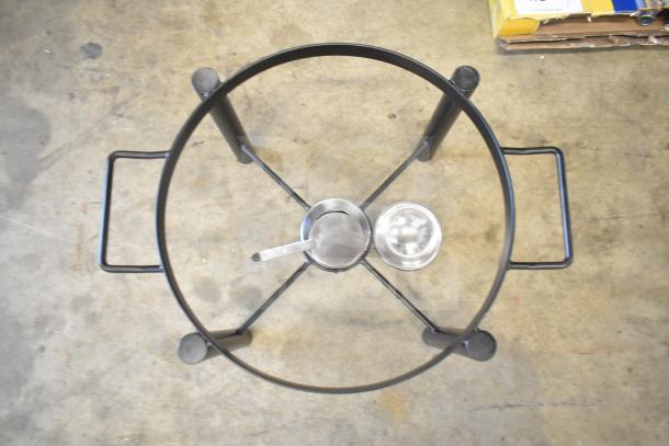 3 new Acopa wrought iron pillar round and half size chafer stands, models 407PLSTNDRND and 407PLSTNDHLF.