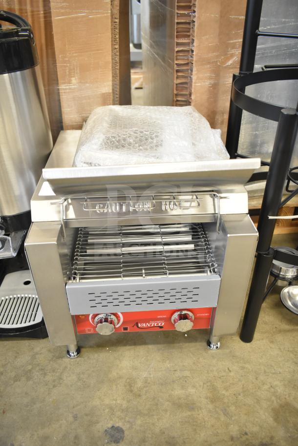 Brand new Avantco T140 conveyor toaster, 10" wide, 3" opening, 120V, 1750W, 300 slices/hour with minor scratch and dent.
