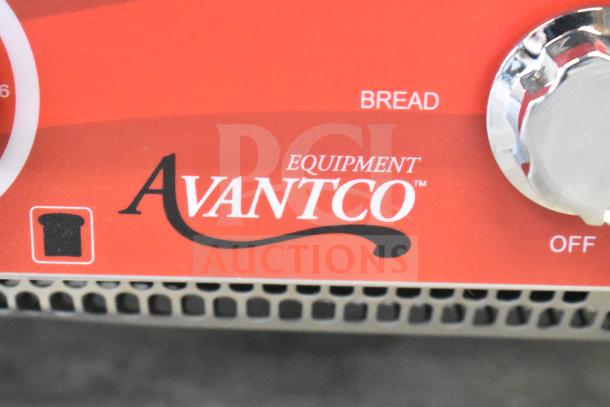 Brand new Avantco T140 conveyor toaster, 10" wide, red panel with logo, scratches visible. 1750W, 300 slices/hour.