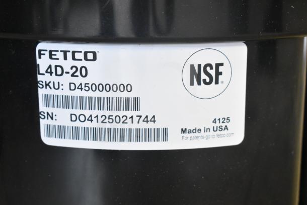 "Fetco L4D-20 Luxus 2 Gallon Stainless Steel Coffee Server with Stand. NSF label, SKU D45000000, made in USA."