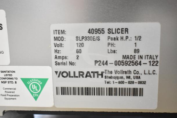 Brand new Vollrath 40955 SLP330E/S 13" meat slicer, safe blade system, 1/2 hp, 120V, NSF listed, scratch and dent condition.