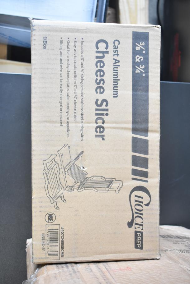Box with Choice Prep 407CHEESECMB Cheese Slicer, 3/4" and 3/8" cutting wires, cast aluminum, new condition.