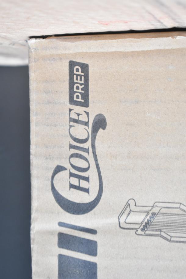 Cardboard box with "Choice Prep" branding, showing cheese slicer illustration, related to a 407CHEESECMB food prep item.