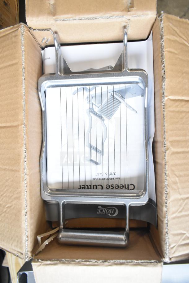 Choice Food Prep Cheese Slicer in box, brand new, model 407CHEESECMB, with visible instruction manual and metal frame.