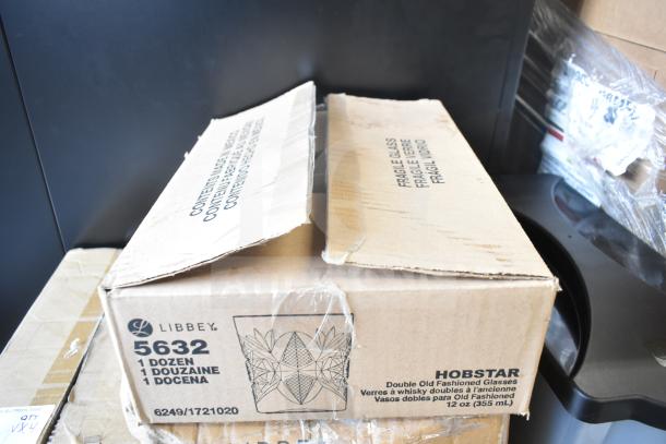 Box of Libbey Hobstar 12 oz. Topaz Rocks glasses, 5632, 1 dozen, new condition, labeled "Fragile Glass."