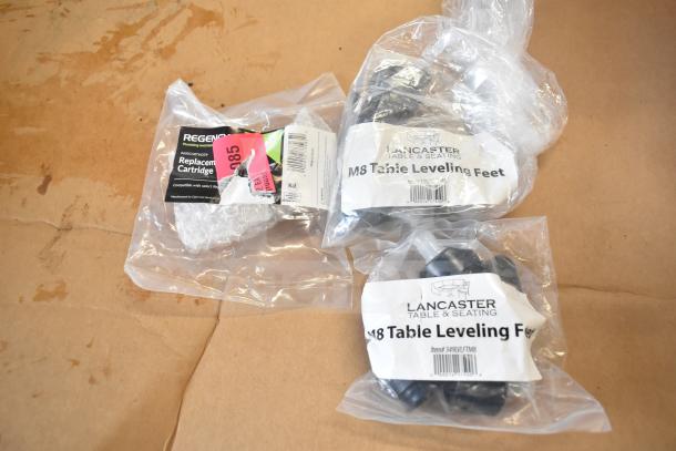 Brand new set of Lancaster Table & Seating M8 leveling feet, model 349LVFTM8, in original packaging with product labels.