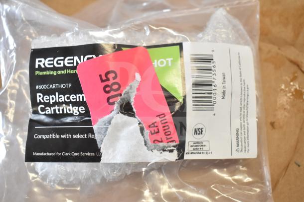 Regency plumbing replacement cartridge package, partially obscured by a pink "085" sticker. Includes NSF certification.
