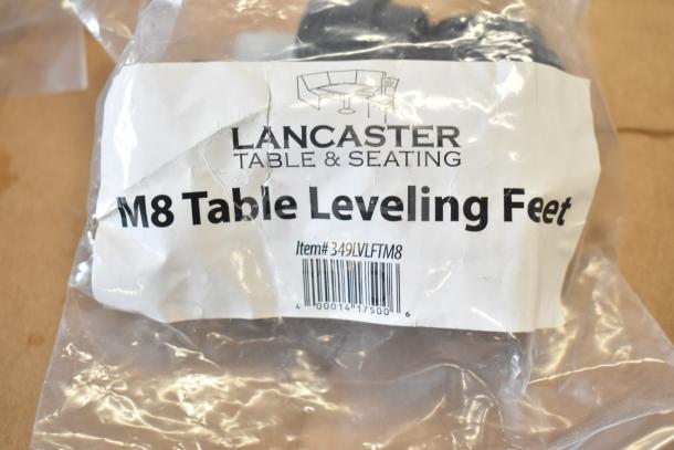 Lancaster M8 Table Leveling Feet, 4-pack, new condition, item# 349LVLFTM8, in clear packaging with label visible.