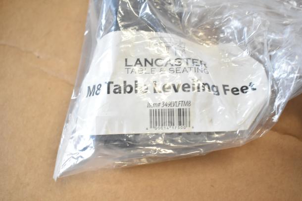 Lancaster Table & Seating M8 Leveling Feet, new, item #349LVFTM8, in original packaging with barcode visible.