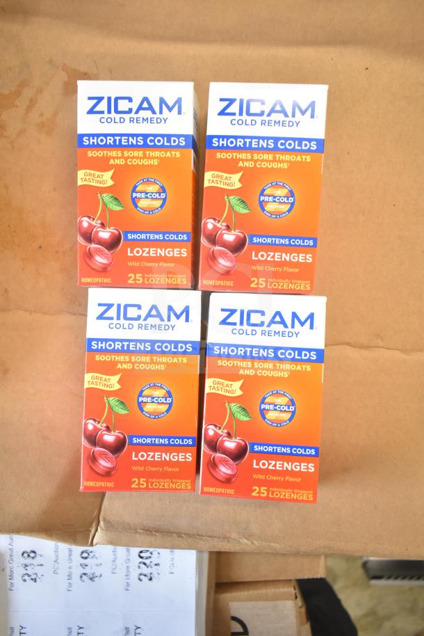 Four boxes of Zicam Wild Cherry Cold Remedy Lozenges, each containing 25 lozenges, in brand new condition.