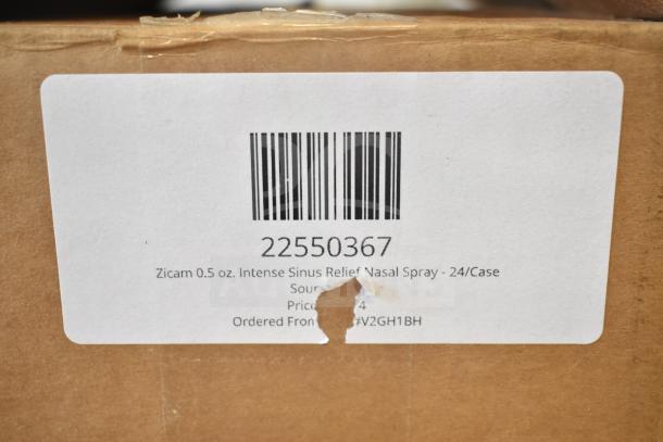 Box showing label for Zicam 0.5 oz. Intense Sinus Relief Nasal Spray, 24 per case, item number 22550367. Light scratch on label.