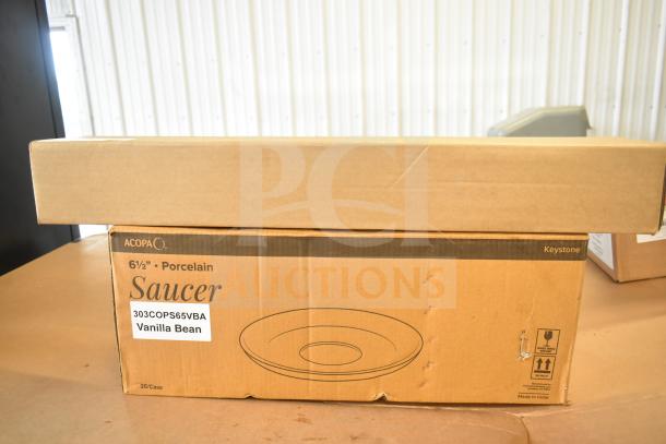 Box of Acopa Keystone 6.5" Vanilla Bean Porcelain Saucers, 36/case, brand new, visible box label with model 303COPS65VBA.