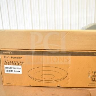 Box of Acopa Keystone 6.5" Vanilla Bean Porcelain Saucers, 36/case, brand new, visible box label with model 303COPS65VBA.