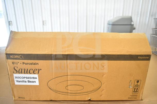Box of Acopa Keystone 6.5" Vanilla Bean Porcelain Saucers, 36 per case, shown. Condition: Brand new scratch and dent.