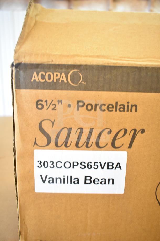 Box of Acopa Keystone 6.5" Vanilla Bean Porcelain Saucers, 36 per case, label shows model 303COPS65VBA. New condition.