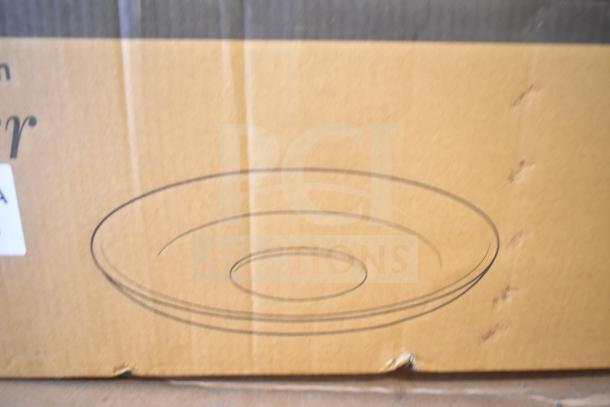 Brown cardboard box with line drawing of a saucer, labeled for Acopa Keystone 6 1/2" Vanilla Bean Porcelain Saucer.