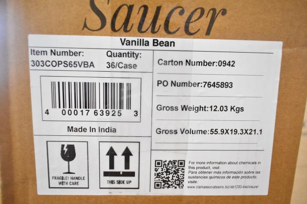 Cardboard box with label for Acopa Keystone 6 1/2" Vanilla Bean Porcelain Saucers, item 303COPS65VBA, 36 per case, Made in India.