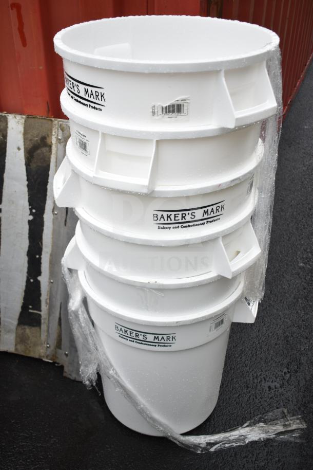 6 new Baker's Mark 20-gallon ingredient bins, white, labeled for bakery use, scratch and dent condition, model 176IBRND20W.