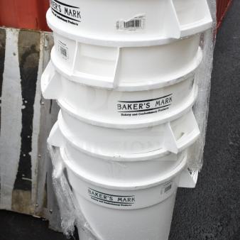 6 new Baker's Mark 20-gallon ingredient bins, white, labeled for bakery use, scratch and dent condition, model 176IBRND20W.