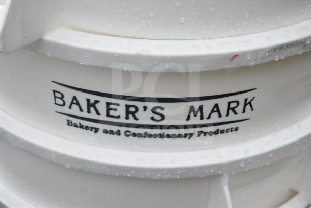6 new 20-gallon Baker's Mark ingredient bins, scratch and dent, labeled for bakery use, white with black text.
