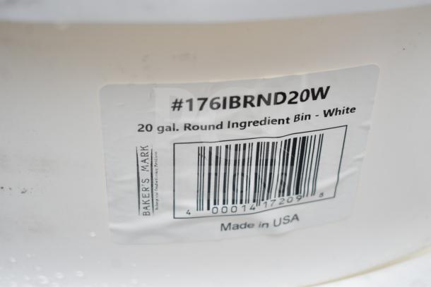 White 20-gal round ingredient bin, model #176IBRND20W, new with scratches and dents, Baker's Mark brand, made in USA.