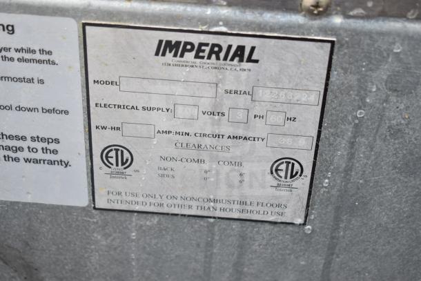 Imperial IFS-40-E commercial deep fryer label showing model, 208V, 3 Phase specs, and ETL certification.