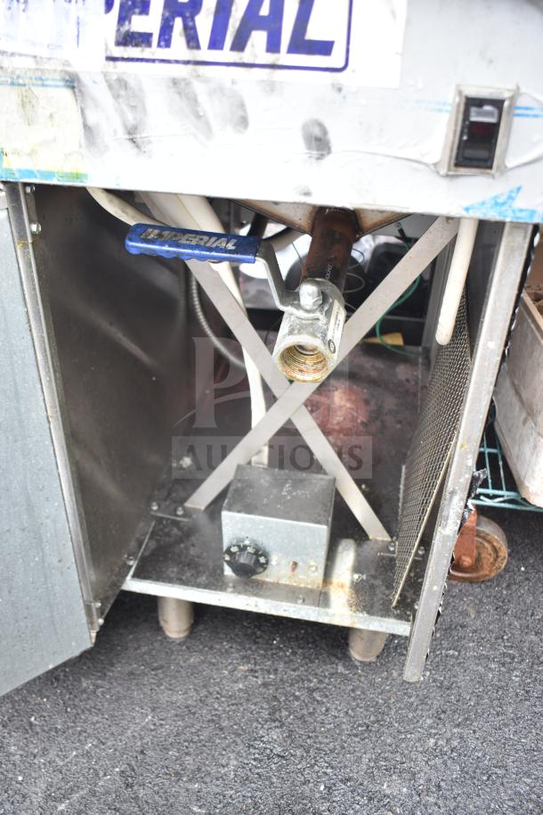 Imperial IFS-40-E commercial electric deep fat fryer, 208 volts, 3 phase. Visible wear, branded handle, and control dial.