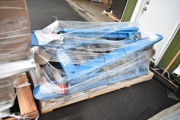 Brand new Lavex 481XN25DF1600 manual pallet jack, 27" x 63" forks, 5,500 lb. capacity, wrapped in plastic, visible brand marking.