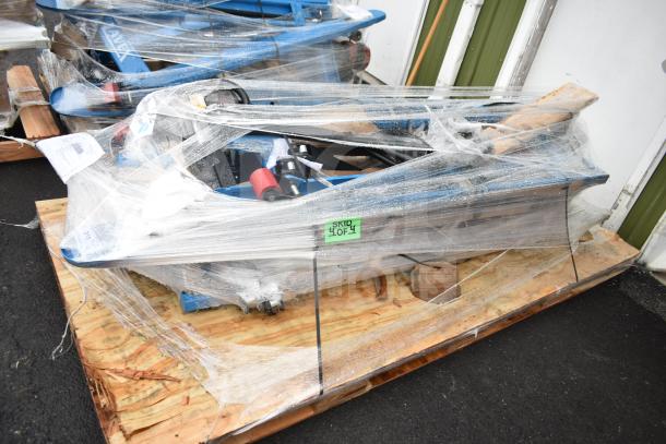 2 new Lavex 481XN25DF1600 pallet jacks, fork size 27"x63", 5,500 lb capacity, wrapped on skid, labeled "SKID 404".